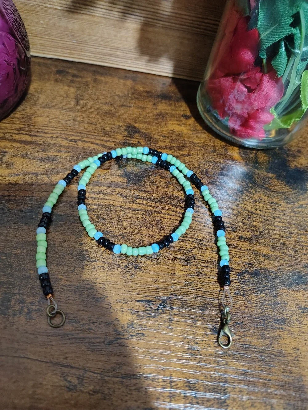 Handmade Green, Black & Light Blue Beaded Men's Necklace